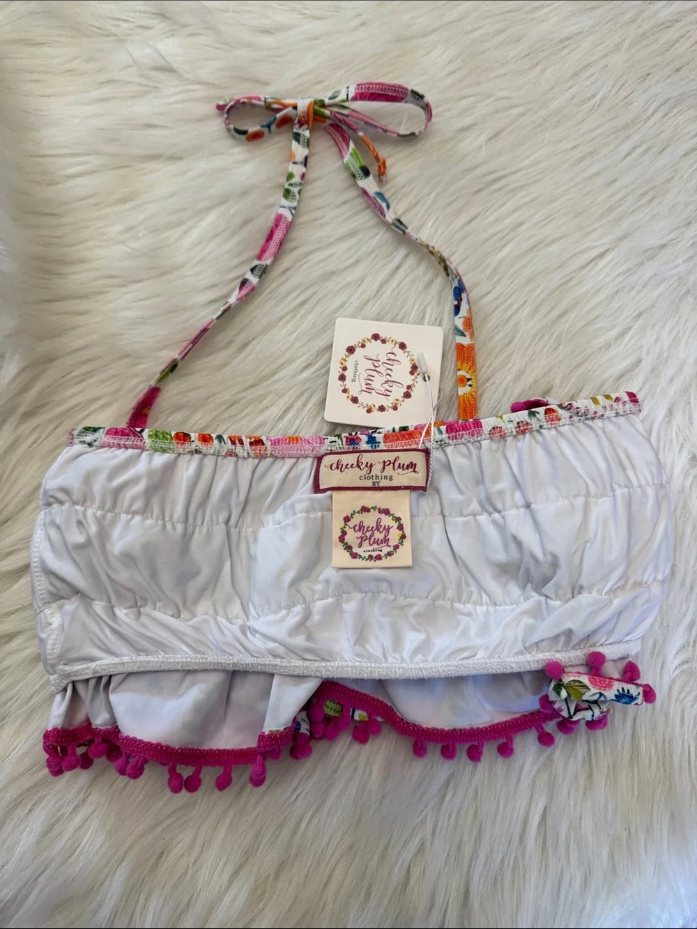 Cheeky Plum Clothing Swim Floral Ruffle Bikini Top with Pink Pom-Pom Trim Size 8